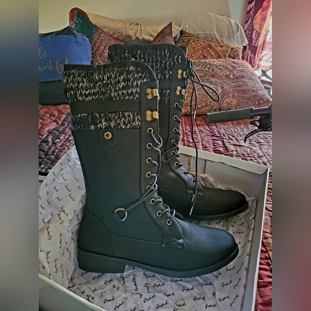 Qupid Black and Gray Lace-Up Boots
